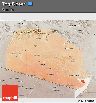 Satellite 3D Map of Tog-Dheer, semi-desaturated