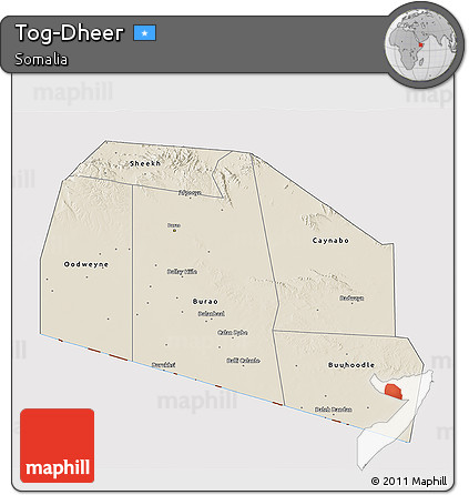 Shaded Relief 3D Map of Tog-Dheer, cropped outside