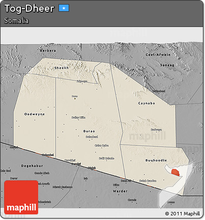 Shaded Relief 3D Map of Tog-Dheer, darken, desaturated