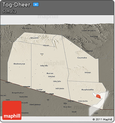 Shaded Relief 3D Map of Tog-Dheer, darken