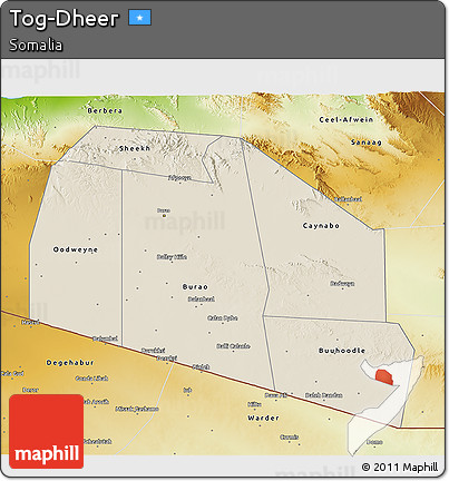 Shaded Relief 3D Map of Tog-Dheer, physical outside