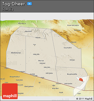 Shaded Relief 3D Map of Tog-Dheer, physical outside