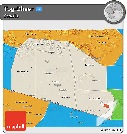 Shaded Relief 3D Map of Tog-Dheer, political outside