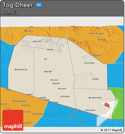Shaded Relief 3D Map of Tog-Dheer, political outside