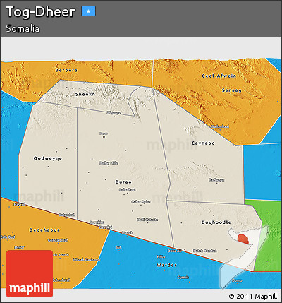 Shaded Relief 3D Map of Tog-Dheer, political outside