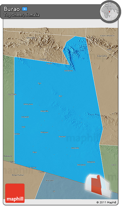 Political 3D Map of Burao, semi-desaturated