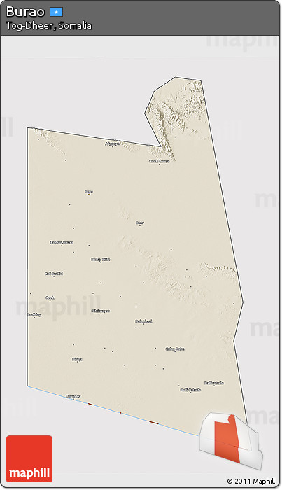 Shaded Relief 3D Map of Burao, cropped outside