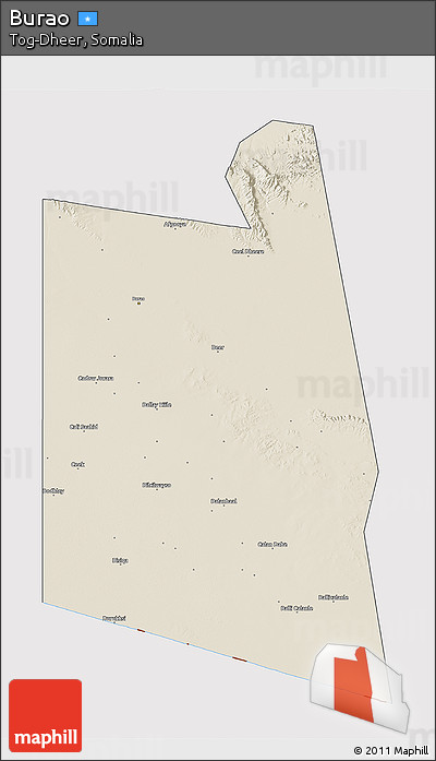 Shaded Relief 3D Map of Burao, cropped outside