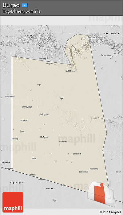 Shaded Relief 3D Map of Burao, desaturated