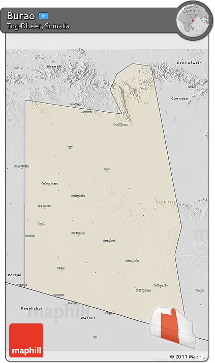 Shaded Relief 3D Map of Burao, desaturated