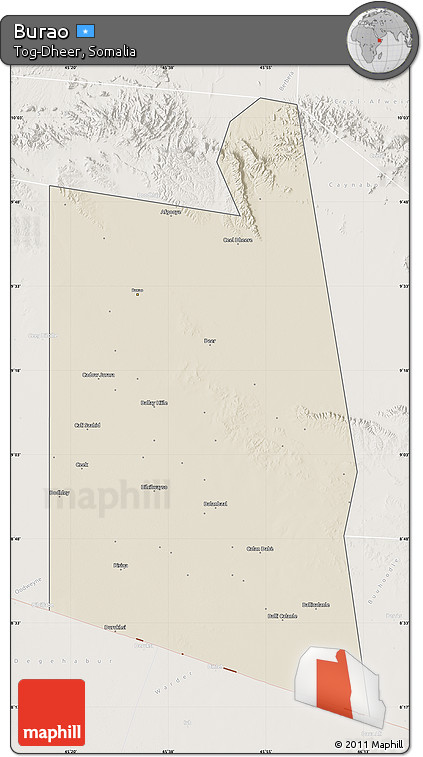 Shaded Relief Map of Burao, lighten