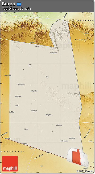 Shaded Relief Map of Burao, physical outside