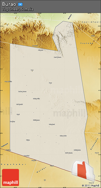 Shaded Relief Map of Burao, physical outside