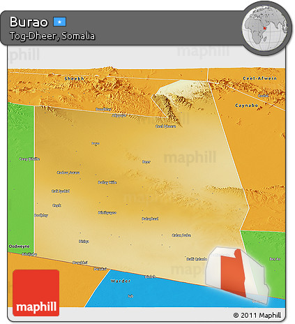 Physical Panoramic Map of Burao, political outside