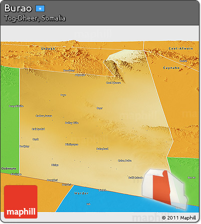 Physical Panoramic Map of Burao, political outside