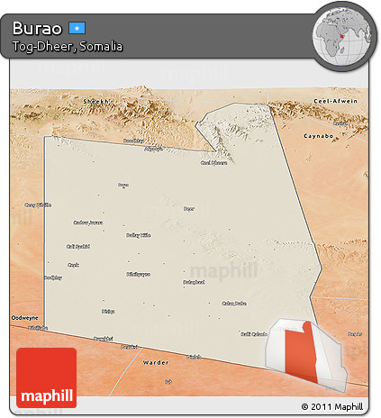 Shaded Relief Panoramic Map of Burao, satellite outside