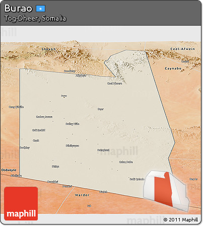Shaded Relief Panoramic Map of Burao, satellite outside