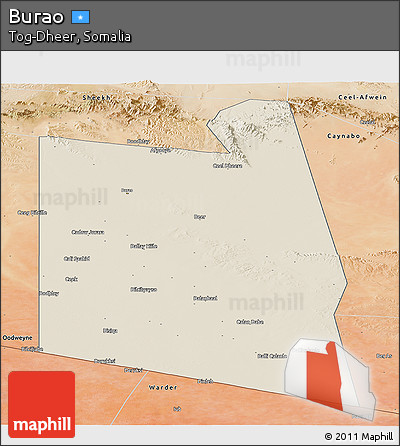 Shaded Relief Panoramic Map of Burao, satellite outside