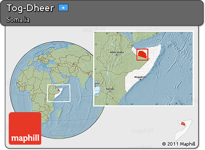 Savanna Style Location Map of Tog-Dheer, highlighted country, within the entire country, hill shading