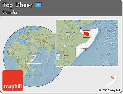Savanna Style Location Map of Tog-Dheer, highlighted country, within the entire country, hill shading