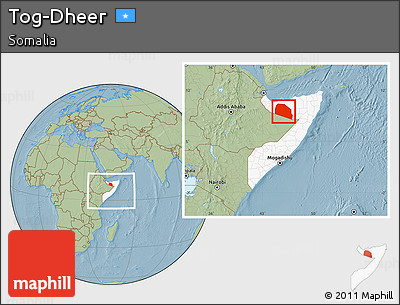 Savanna Style Location Map of Tog-Dheer, highlighted country, within the entire country, hill shading