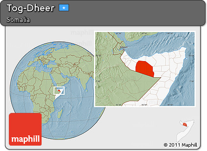 Savanna Style Location Map of Tog-Dheer, highlighted country, hill shading