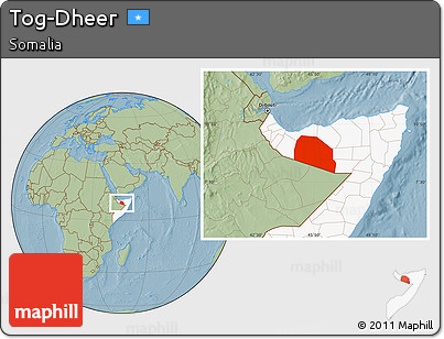 Savanna Style Location Map of Tog-Dheer, highlighted country, hill shading