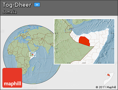 Savanna Style Location Map of Tog-Dheer, highlighted country, hill shading