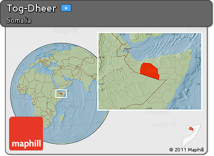 Savanna Style Location Map of Tog-Dheer, hill shading