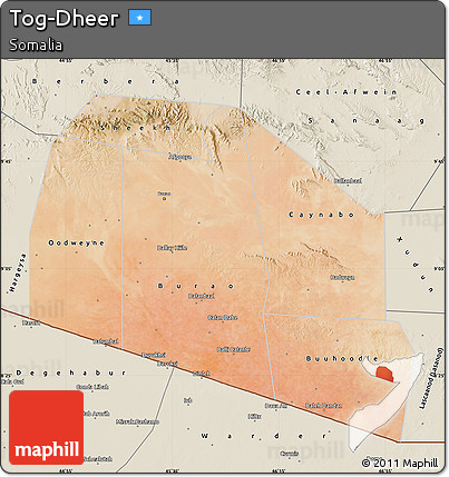 Satellite Map of Tog-Dheer, shaded relief outside