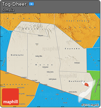 Shaded Relief Map of Tog-Dheer, political outside
