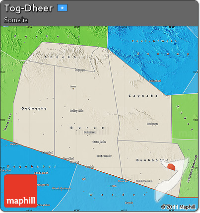 Shaded Relief Map of Tog-Dheer, political shades outside