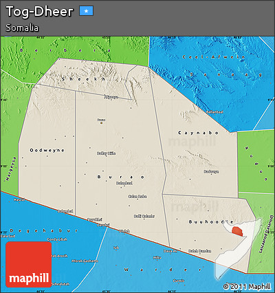 Shaded Relief Map of Tog-Dheer, political shades outside