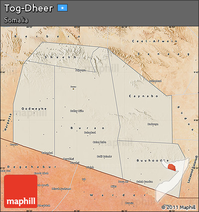 Shaded Relief Map of Tog-Dheer, satellite outside