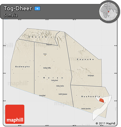 Shaded Relief Map of Tog-Dheer, single color outside