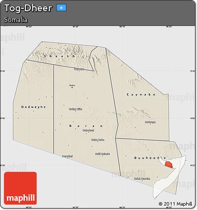 Shaded Relief Map of Tog-Dheer, single color outside