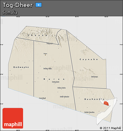 Shaded Relief Map of Tog-Dheer, single color outside