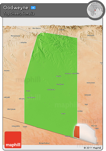 Political 3D Map of Oodweyne, satellite outside