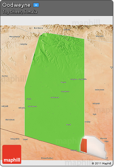 Political 3D Map of Oodweyne, satellite outside
