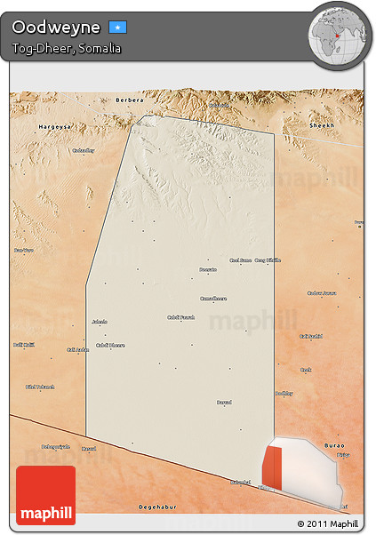 Shaded Relief 3D Map of Oodweyne, satellite outside