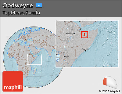 Gray Location Map of Oodweyne, within the entire country, hill shading
