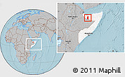 Gray Location Map of Oodweyne, highlighted country, within the entire country, hill shading