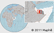 Gray Location Map of Oodweyne, highlighted country, highlighted parent region, hill shading