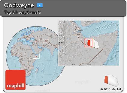 Gray Location Map of Oodweyne, highlighted parent region, hill shading