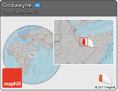 Gray Location Map of Oodweyne, highlighted parent region, hill shading