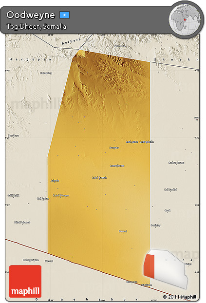 Physical Map of Oodweyne, shaded relief outside