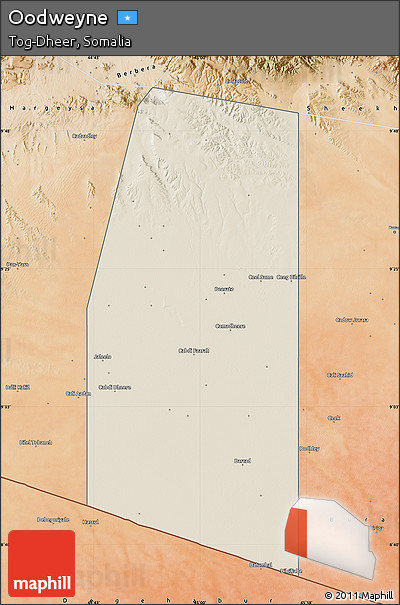 Shaded Relief Map of Oodweyne, satellite outside