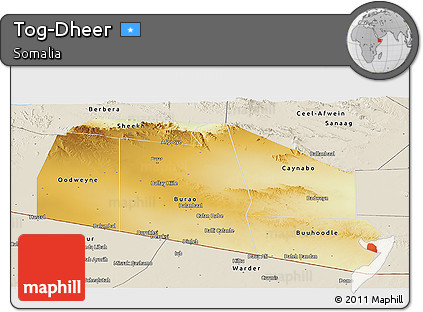 Physical Panoramic Map of Tog-Dheer, shaded relief outside