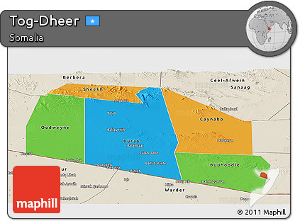 Political Panoramic Map of Tog-Dheer, shaded relief outside
