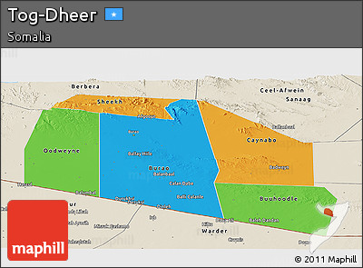 Political Panoramic Map of Tog-Dheer, shaded relief outside